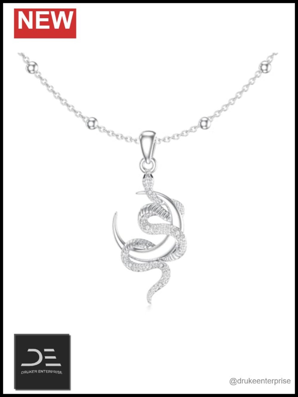 Diamond Snake Moon Pendant Necklace 925 Sterling Silver Dainty Charm Gift